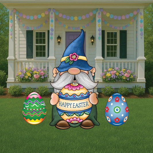 Gnome Holds Easter Egg Sign Outdoor Decoration