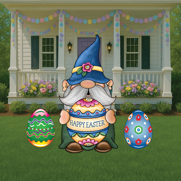 Gnome Holds Easter Egg Sign Outdoor Decoration