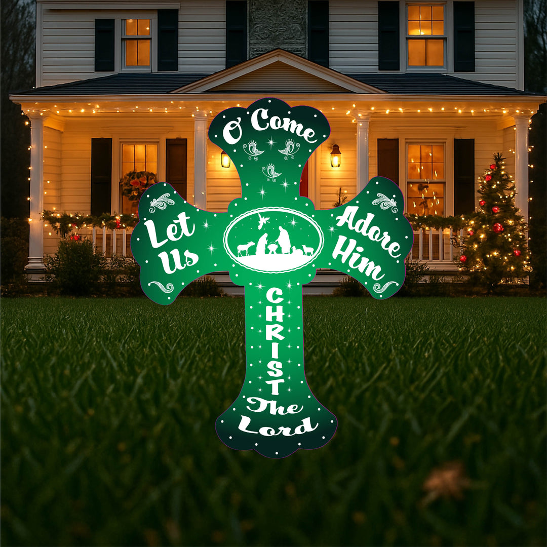 Christmas Yard Art Cross with White Silhouette Glittered Nativity Graphics