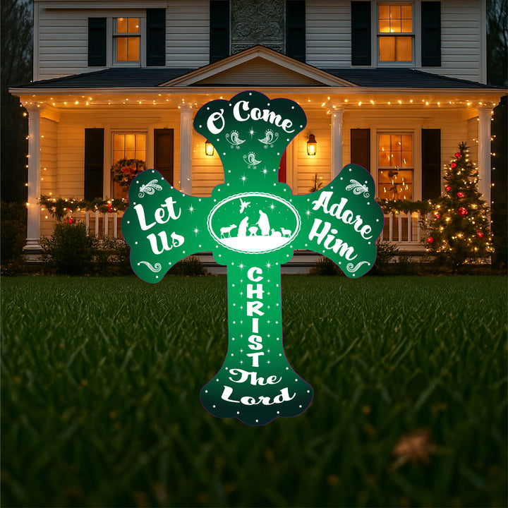 Christmas Yard Art Cross with White Silhouette Glittered Nativity Graphics