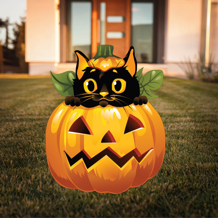 Black cat inside jack-o’-lantern Halloween yard sign – durable outdoor fall decor for lawns.