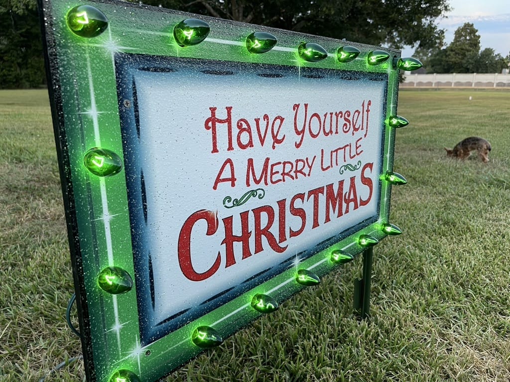 Daytime angled view of a handcrafted wooden holiday yard display showing the glitter clear-coat texture, green border accent, and durable ground installation stakes.