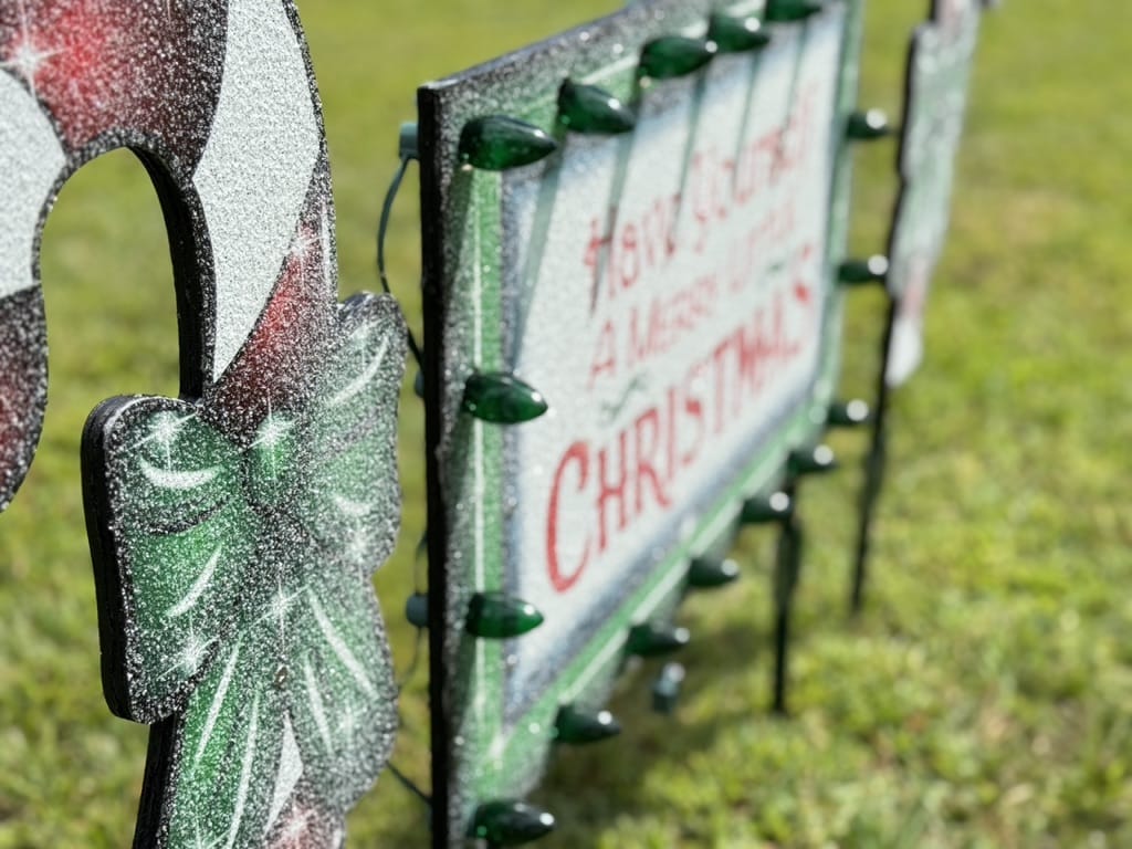 Side profile view of a heavy-duty wooden holiday sign detailing the weatherproof green frame support and commercial grade pre-wired light sockets.