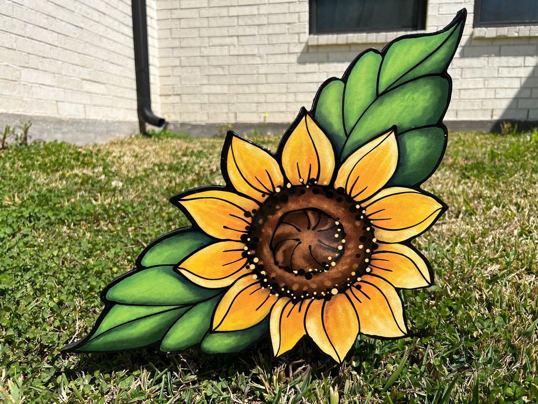 Sunflower with Leaves In Blue Watering Can Sign Outdoor Decoration