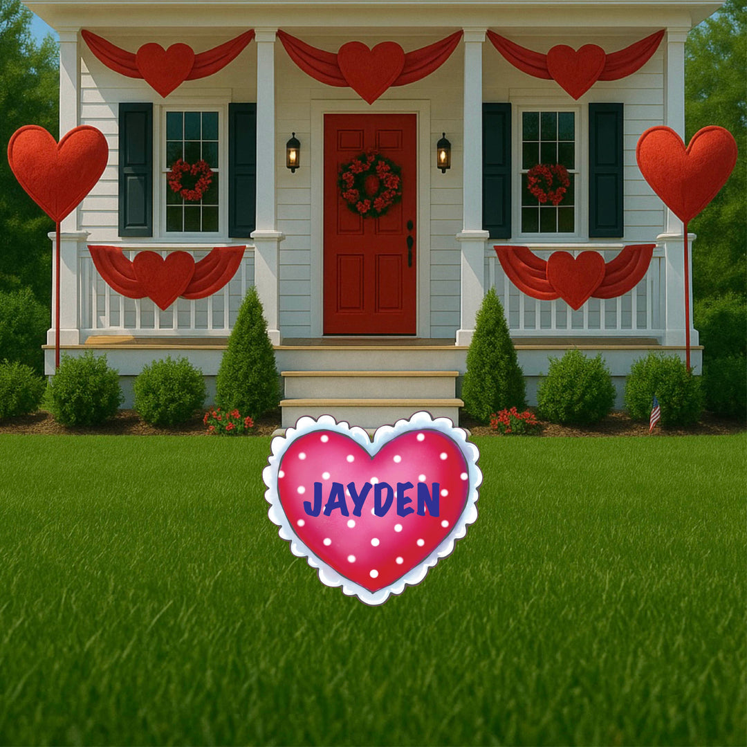Personalized Polka Dot, Checks, and Swirls Valentines Heart With Lace Yard Signs