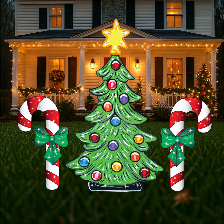 Christmas Yard Sign Set – Outdoor Christmas Tree with Candy Canes and Gift Boxes | Wood Holiday Decorations for Lawn or Garden