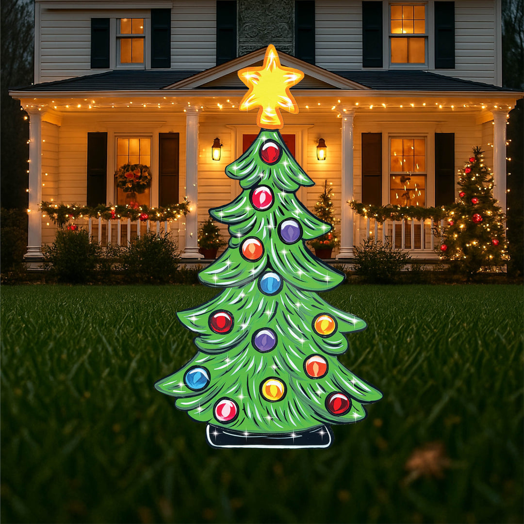 Christmas Yard Sign Set – Outdoor Christmas Tree with Candy Canes and Gift Boxes | Wood Holiday Decorations for Lawn or Garden