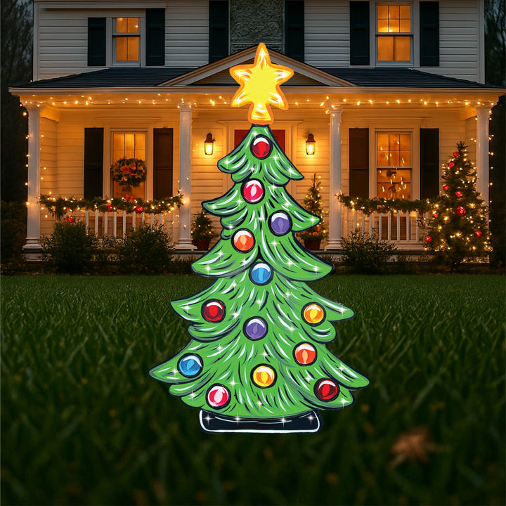 Christmas Yard Sign Set – Outdoor Christmas Tree with Candy Canes and Gift Boxes | Wood Holiday Decorations for Lawn or Garden