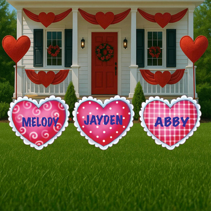 Personalized Polka Dot, Checks, and Swirls Valentines Heart With Lace Yard Signs