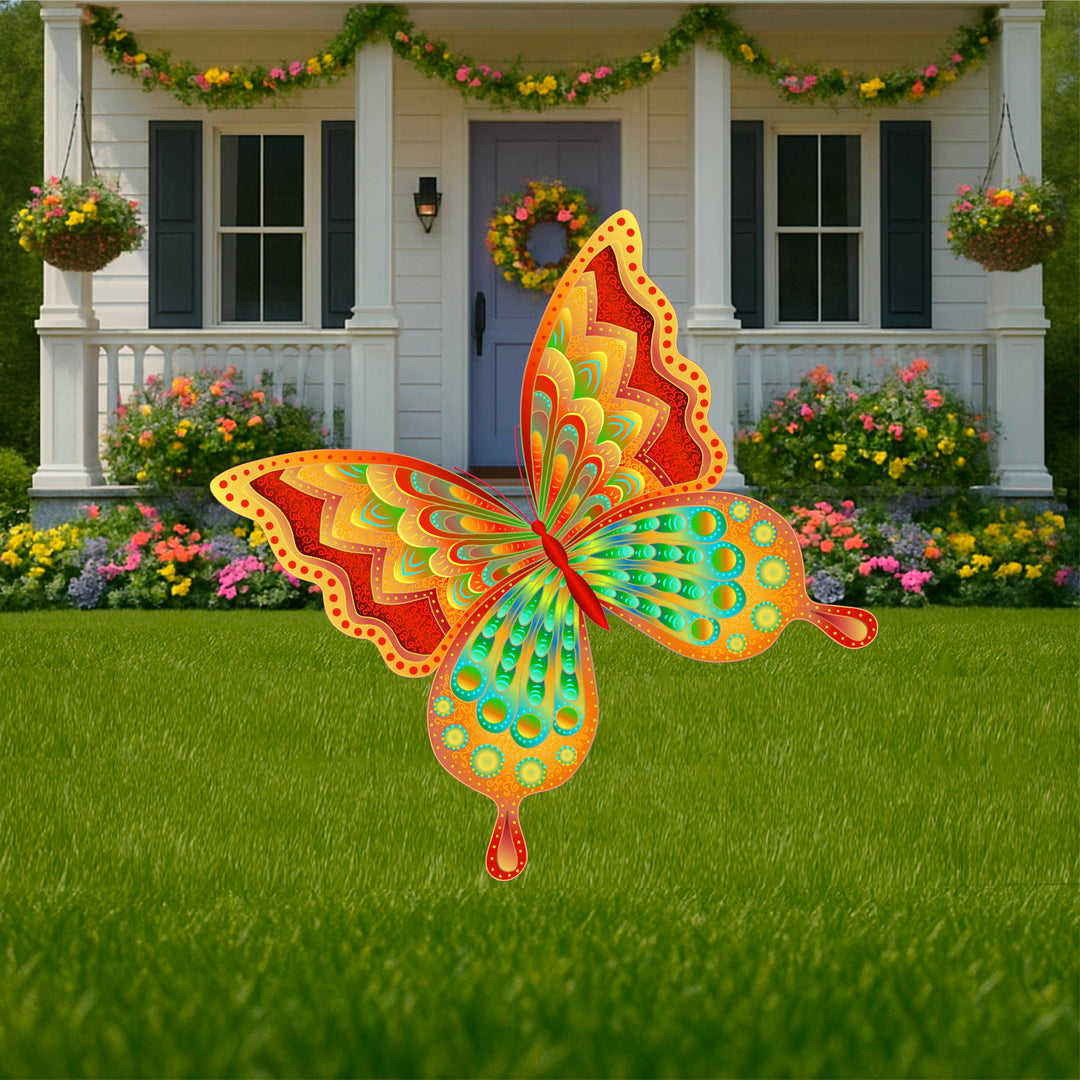 Yard Decpr and lawn signs. Butterfly in red, orange, teak, yellow and pink.  Outdoor lawn signs and decorations for spring, summer. 