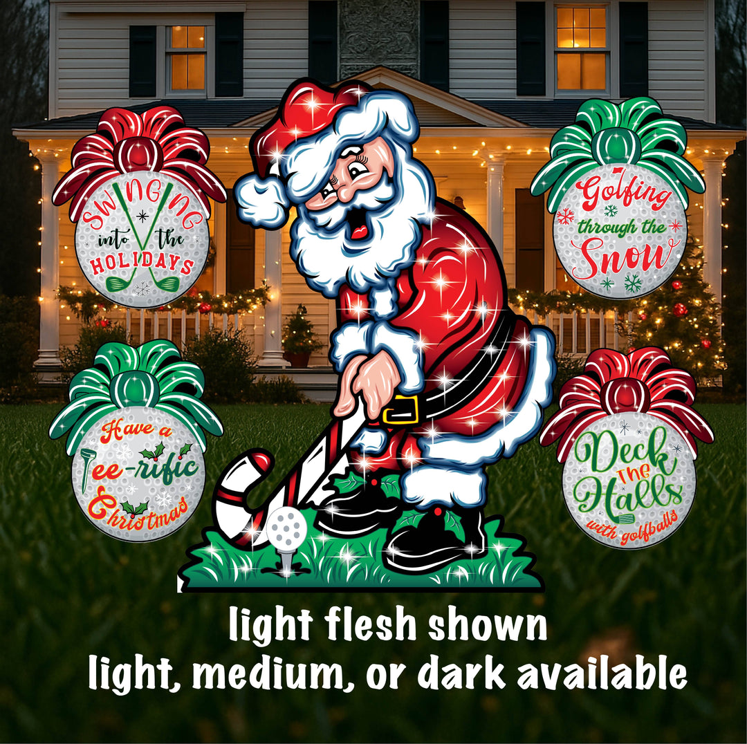 A yard art sign featuring a golfing santa using a candy cane as a golf club and 4 christmas golf ball yard signs in the style of ornaments with different golf phrases. One golfball says "Deck the Hass with Golfballs" and another reads "Golfing through the Snow." Perfect holiday decor for dads, grandpas, uncles and more. 