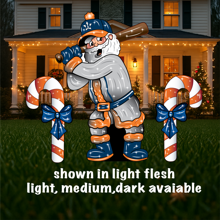 Houston Baseball Santa Yard Art with candy canes and bulbs