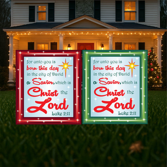Lighted Luke 2:11 sign with red border Christmas yard art