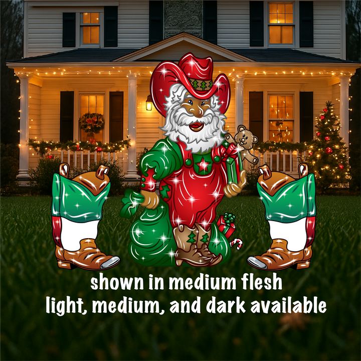 Santa in Overalls with Cowboy Hat Yard Sign