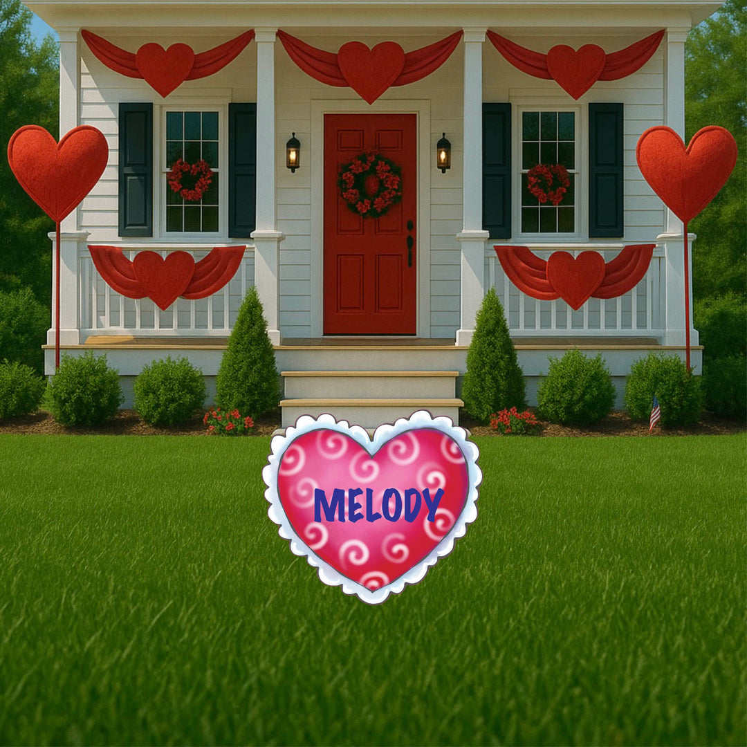 Personalized Polka Dot, Checks, and Swirls Valentines Heart With Lace Yard Signs