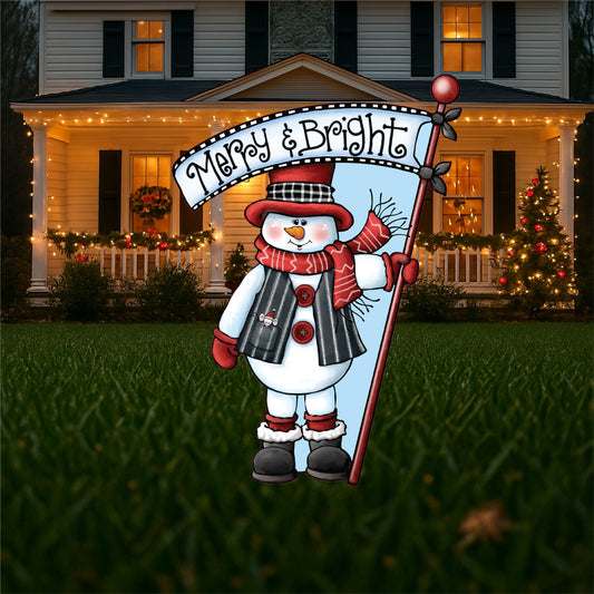 Merry and Bright Snowman Christmas Yard Art