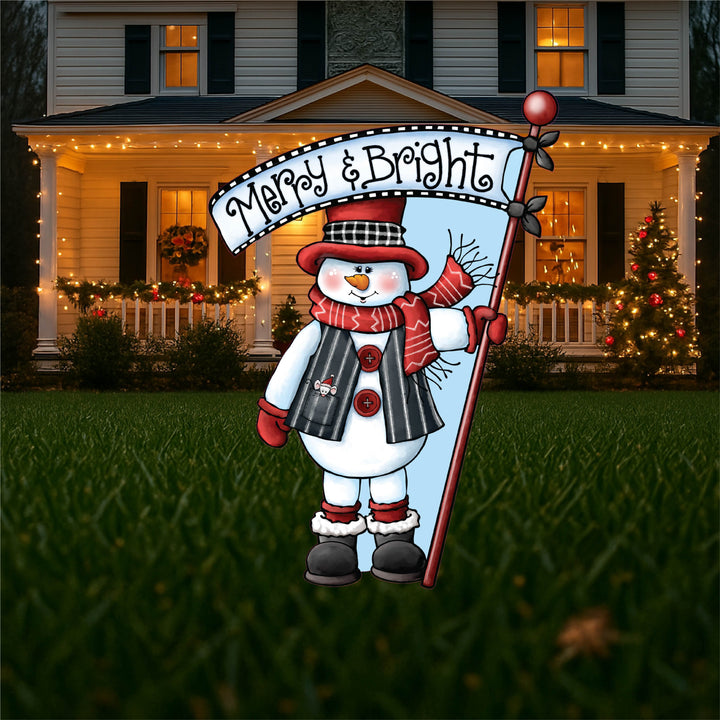 Christmas Snowman Yard Sign – “Merry & Bright” Outdoor Holiday Decor, Cute Winter Gift for Mom or Garden Love