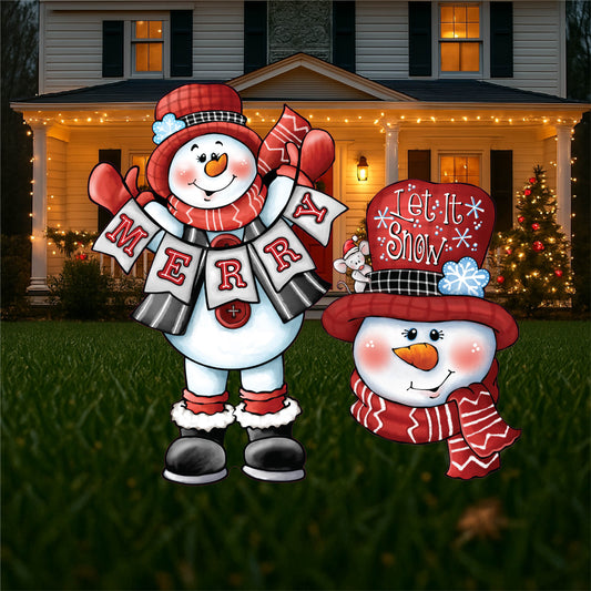 Let It Snow Snowman Head with Merry Snowman Christmas Yard Art