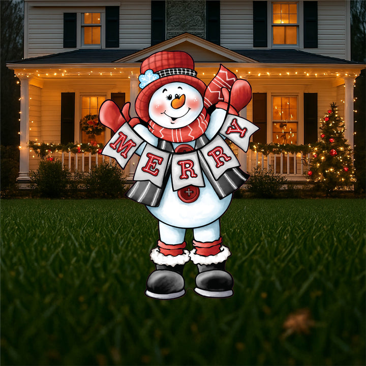 Christmas Snowman Lawn Decor – “MERRY” Holiday Yard Sign, Outdoor Winter Display, Cute Snowman Decoration for Garden or Porch