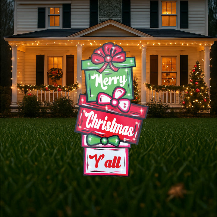 Merry Christmas Y'all Stacked Present Christmas yard Art