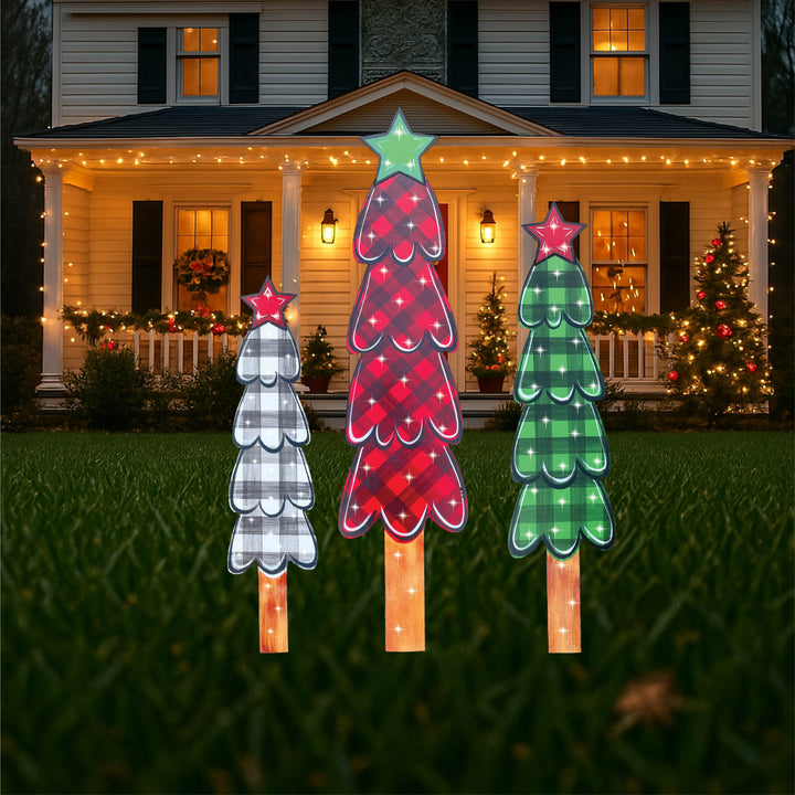 3PC PLAID Pencil Tree Set Christmas Yard Art