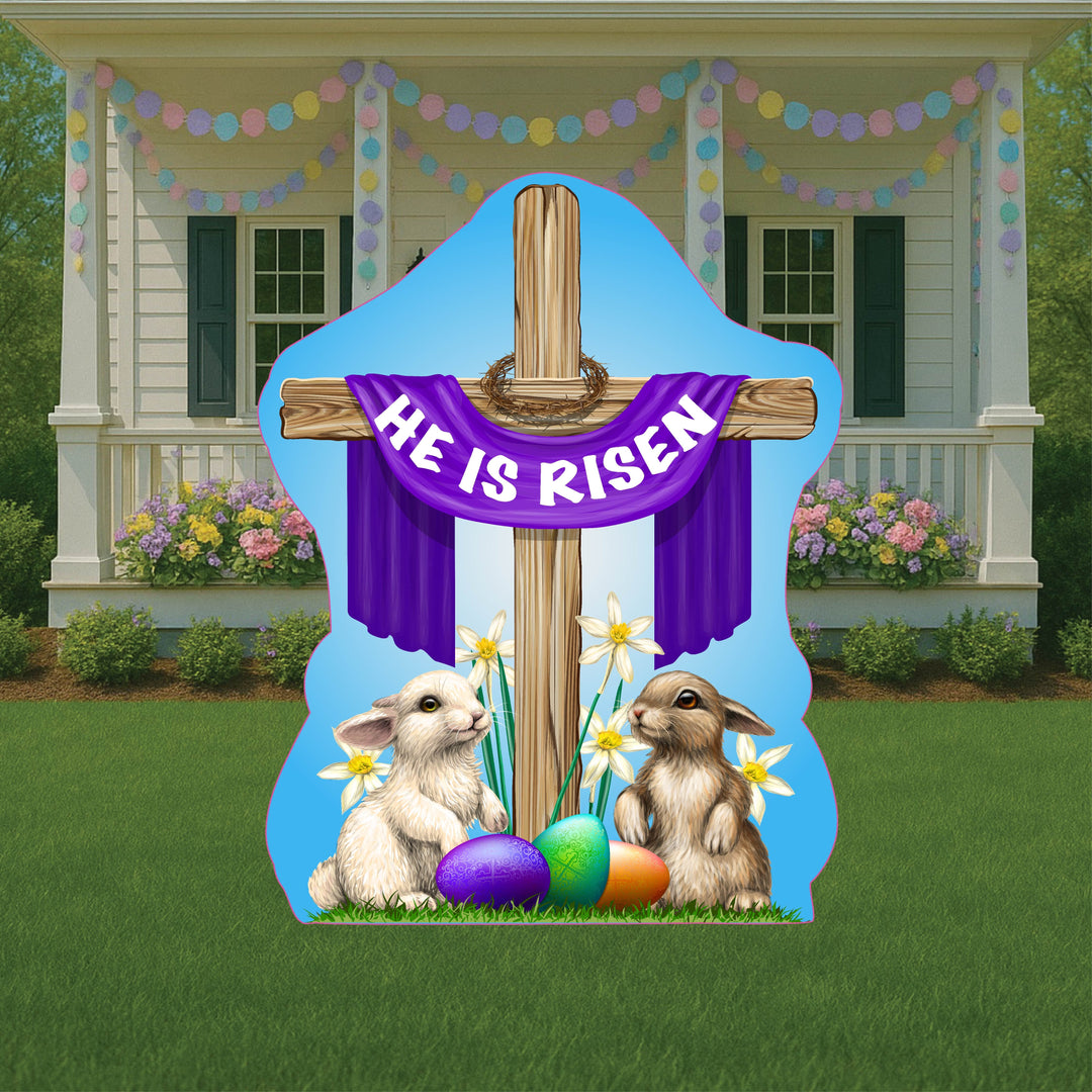Easter Yard Art-Easter Sign with Cross and Bunnies