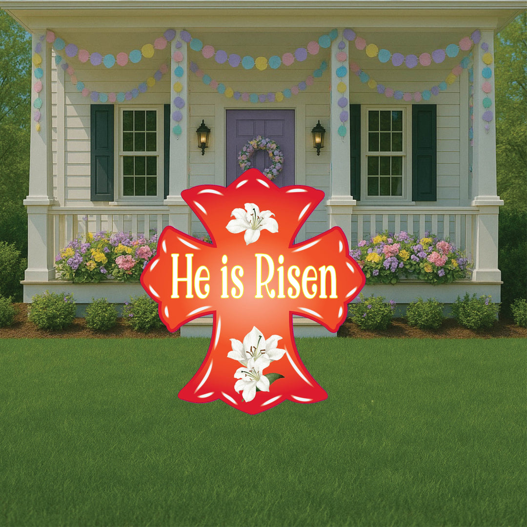 Orange He is Risen Cross Yard Art Sign with Easter Egg Signs