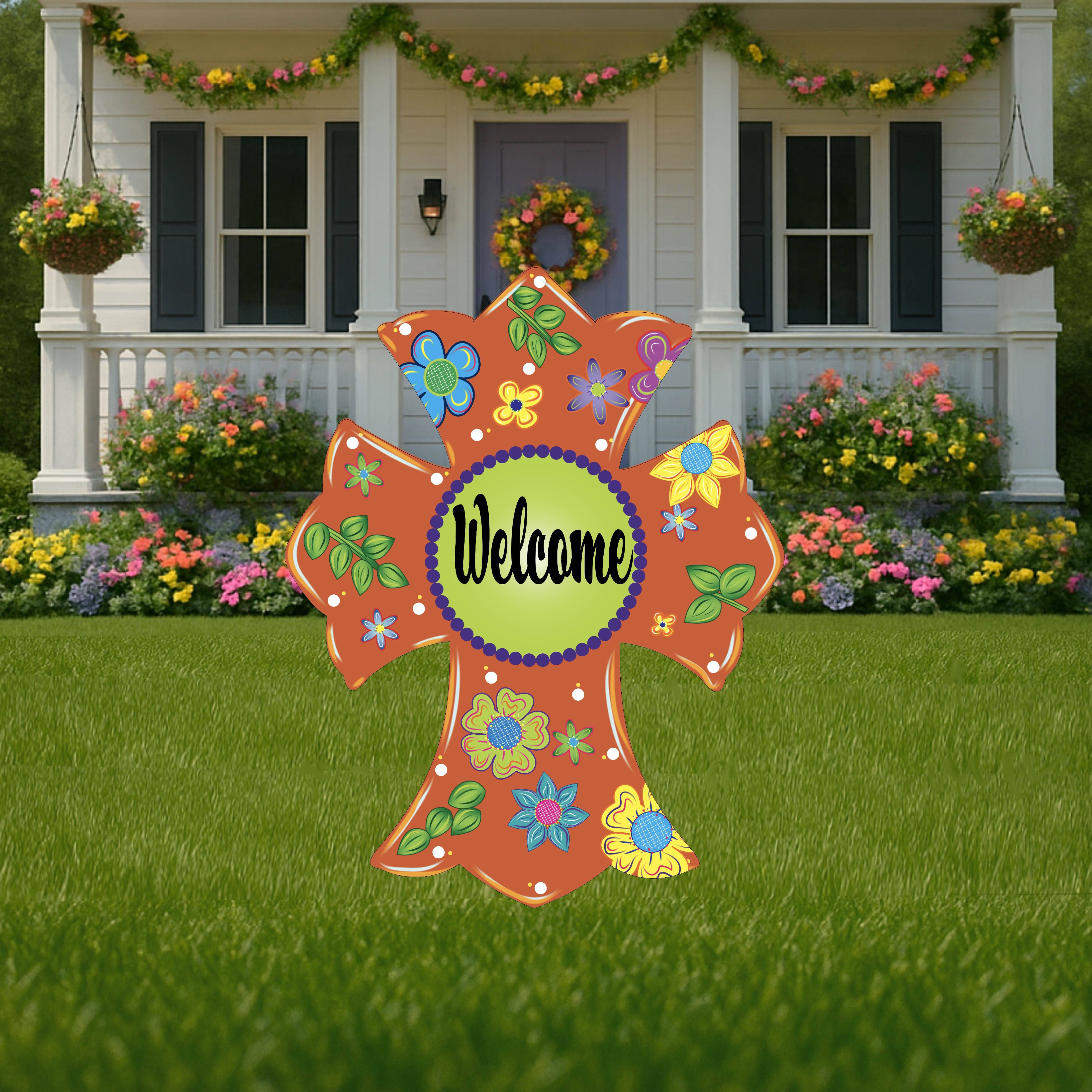 Orange Welcome Cross – Yard Art Decor and More