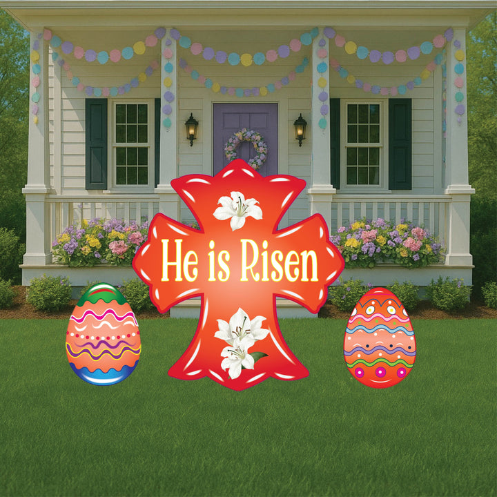 Orange He is Risen Cross Yard Art Sign with Easter Egg Signs