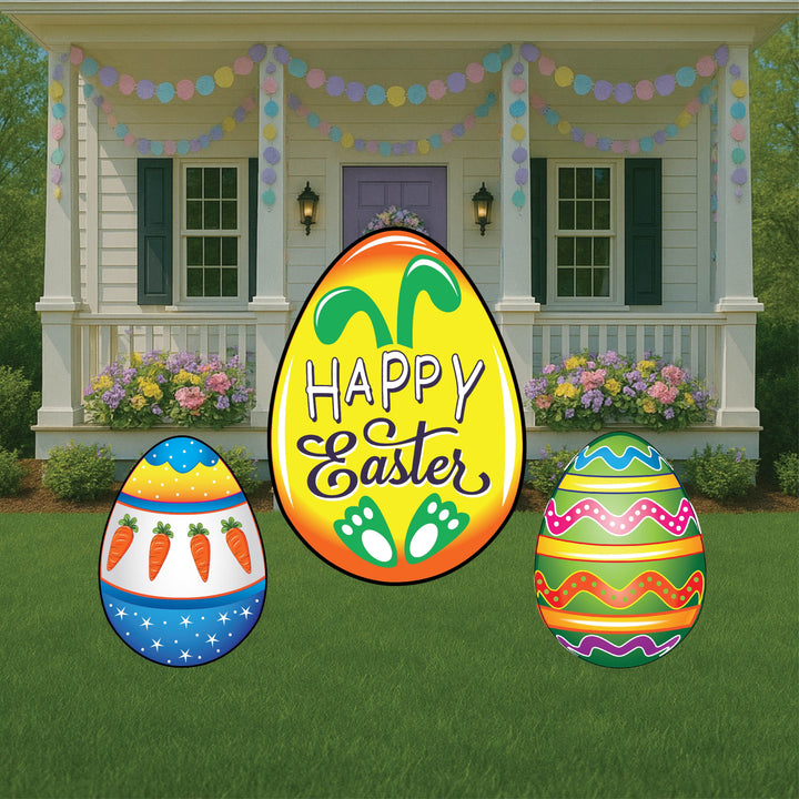 Yellow Happy Easter Egg with Feet and Ears with decorative Eggs yard signs