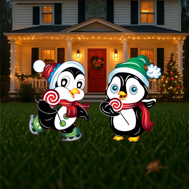 Christmas Penguin with a red stocking hat and peppermint