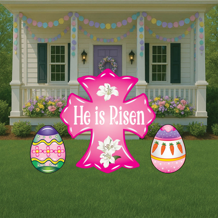 Pink He is Risen Cross Yard Art Sign with Easter Egg Signs