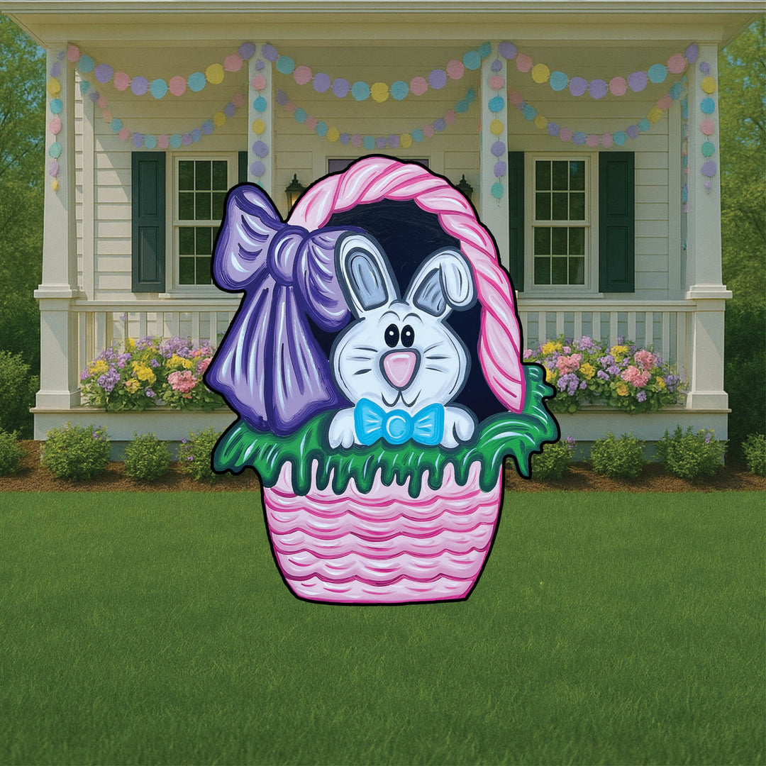 Pink Easter basket yard art decoration, Easter basket with bunny face yard sign with Easter eggs