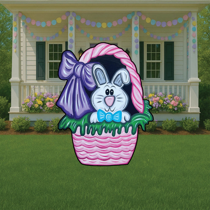 Pink Easter basket yard art decoration, Easter basket with bunny face yard sign with Easter eggs