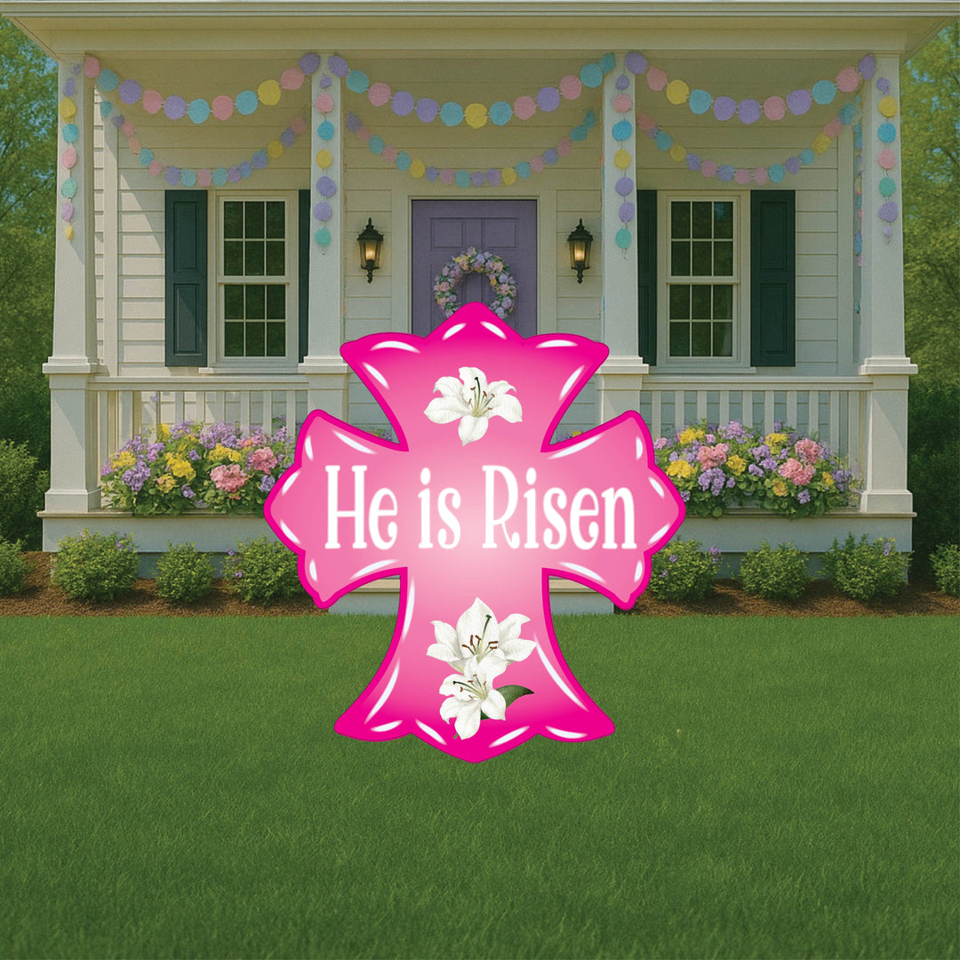 Pink He is Risen Cross Yard Art Sign with Easter Egg Signs
