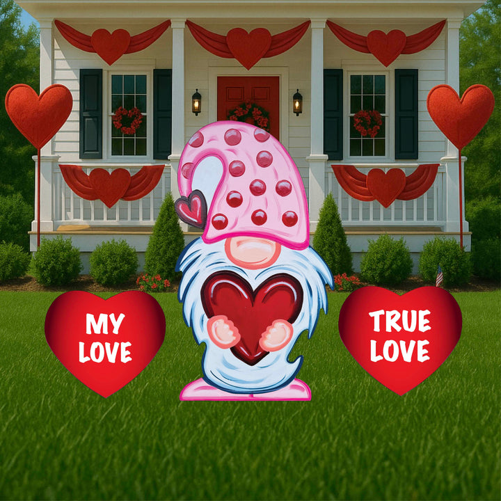 Valentine Pink Gnome PD Hat and red hearts yard signs