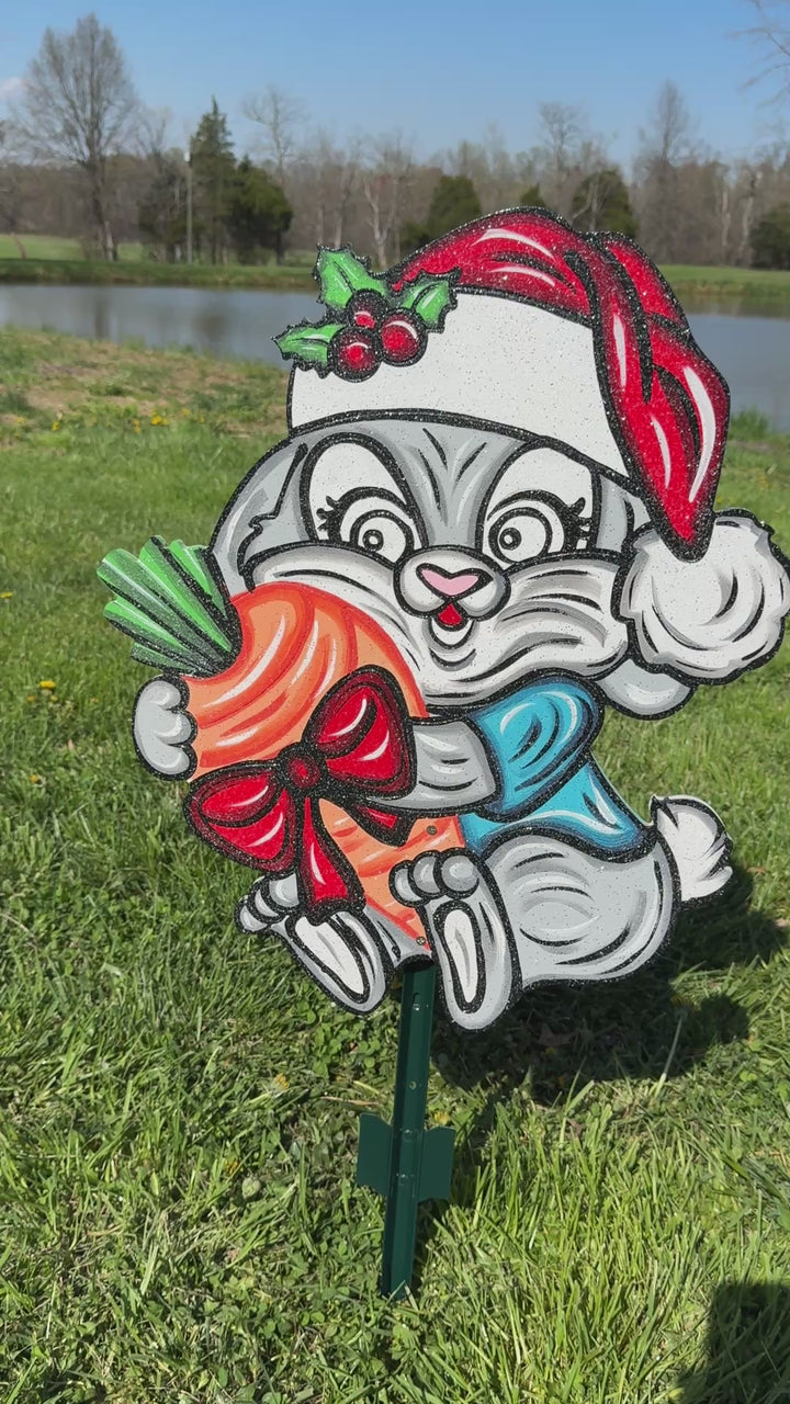 Christmas Bunny Yard Sign – Wooden Outdoor Holiday Décor | Festive Rabbit Lawn Decoration for Farm & Garden Displays