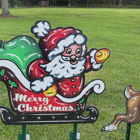 Santa in Sleigh with flying reindeer yard art decoration