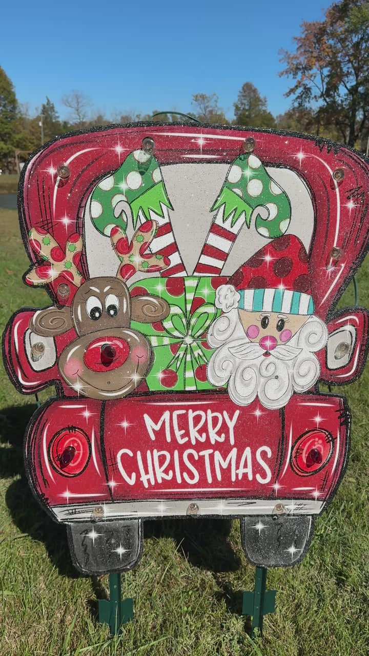 Christmas Yard Décor | Santa & Rudolph in Red Truck Wooden Outdoor Sign