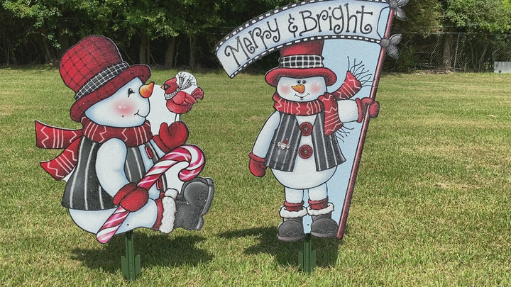 Sitting  Snowman with Merry and Bright Snowman Christmas Yard Art