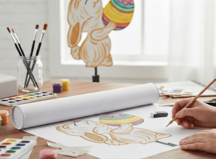 Person coloring a bunny with markers on a table with art supplies
