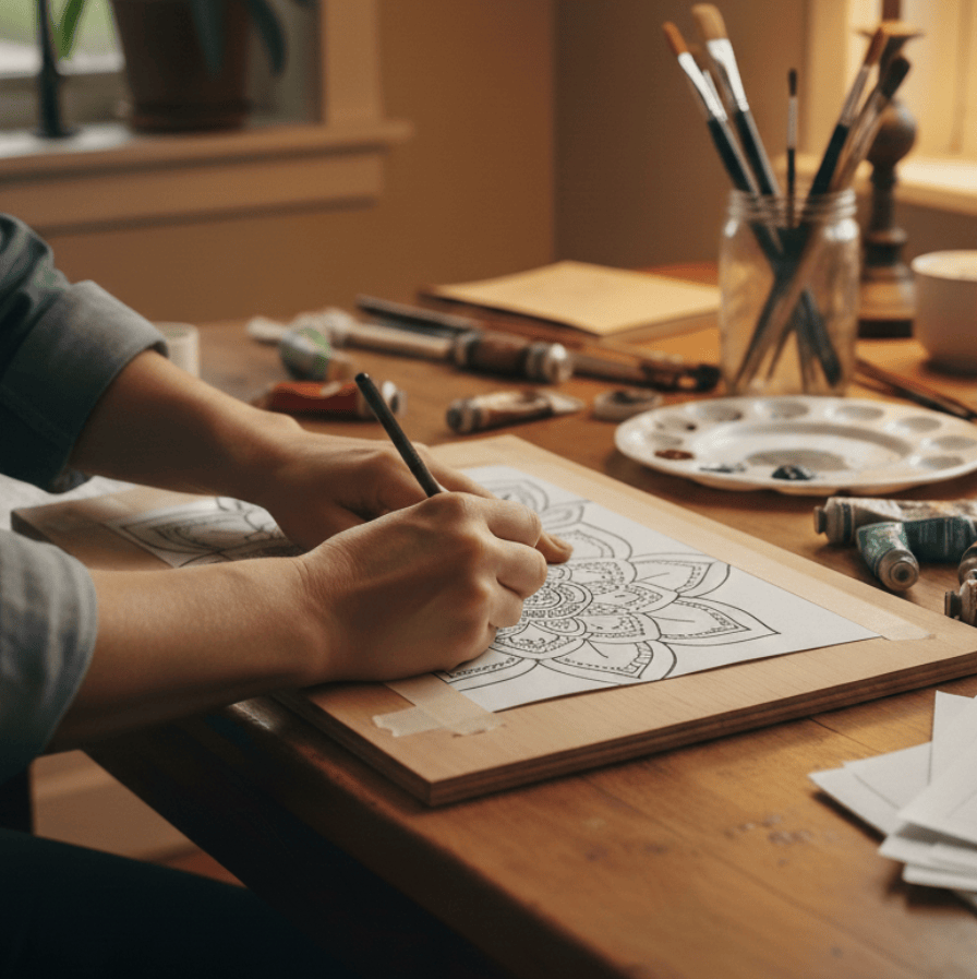 Tracing a printable yard art pattern onto wood indoors during the off-season
