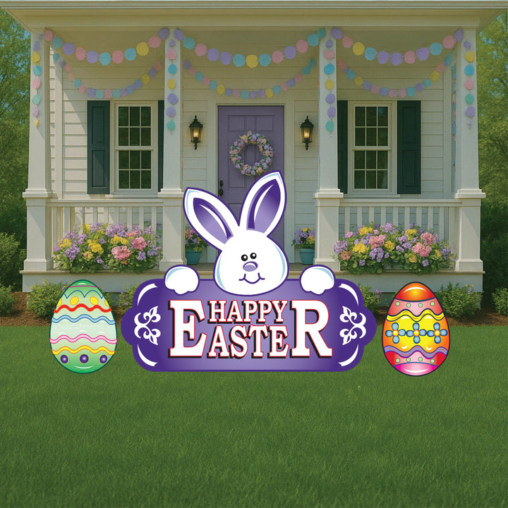 Purple Happy Easter Sign with Bunny Face with Easter Egg Yard Signs