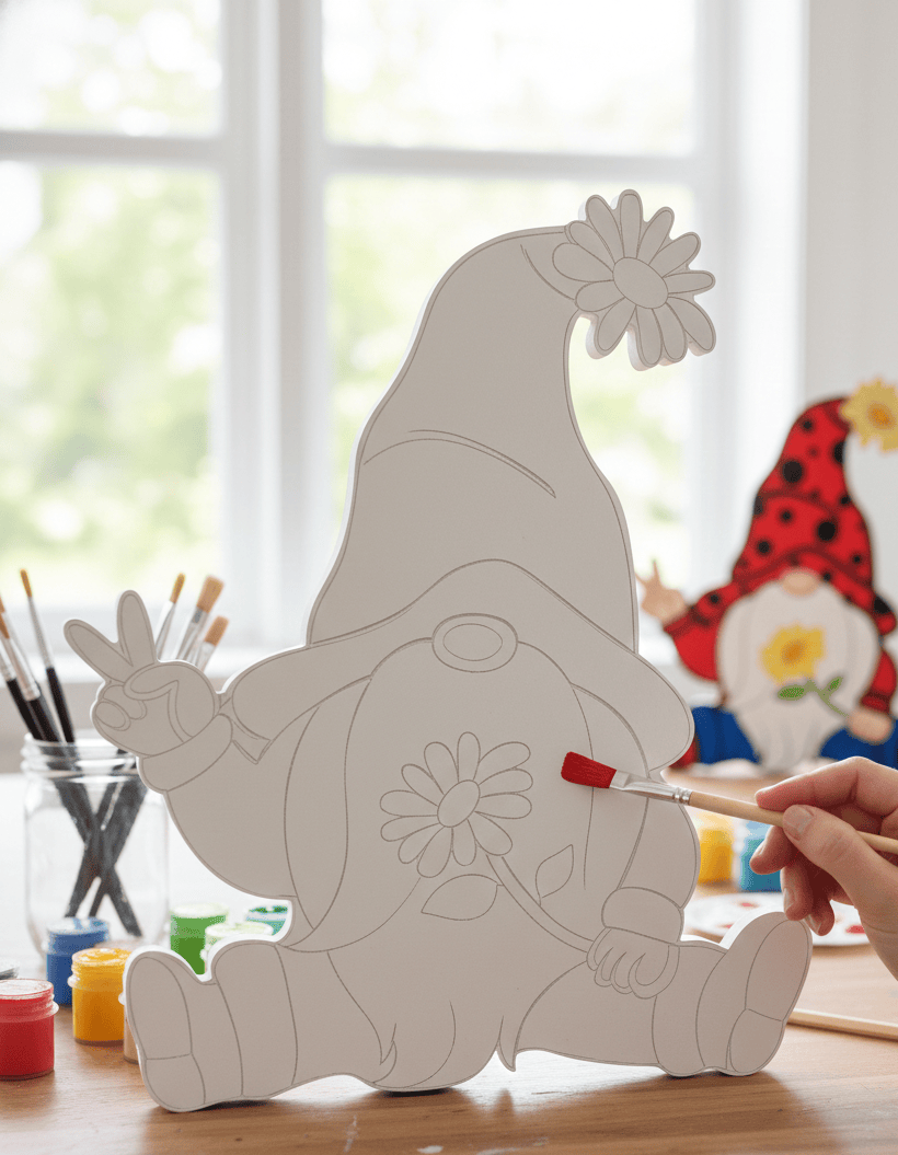 A hand painting a flower design on a white, gnome-shaped MDO yard art blank on a wooden table, with a finished colorful gnome in the background
