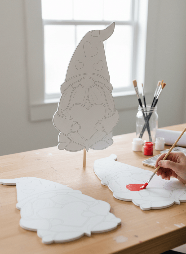 A DIYer painting a red heart on a white, gnome-shaped MDO yard art blank on a wooden worktable.