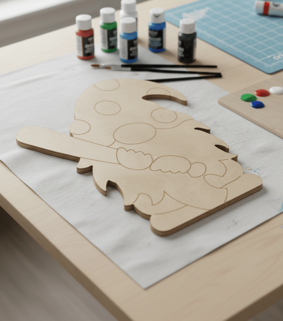 Ready-to-paint DIY yard art gnome blank cut from outdoor-grade board, shown unpainted with acrylic paints and brushes ready for a DIY project