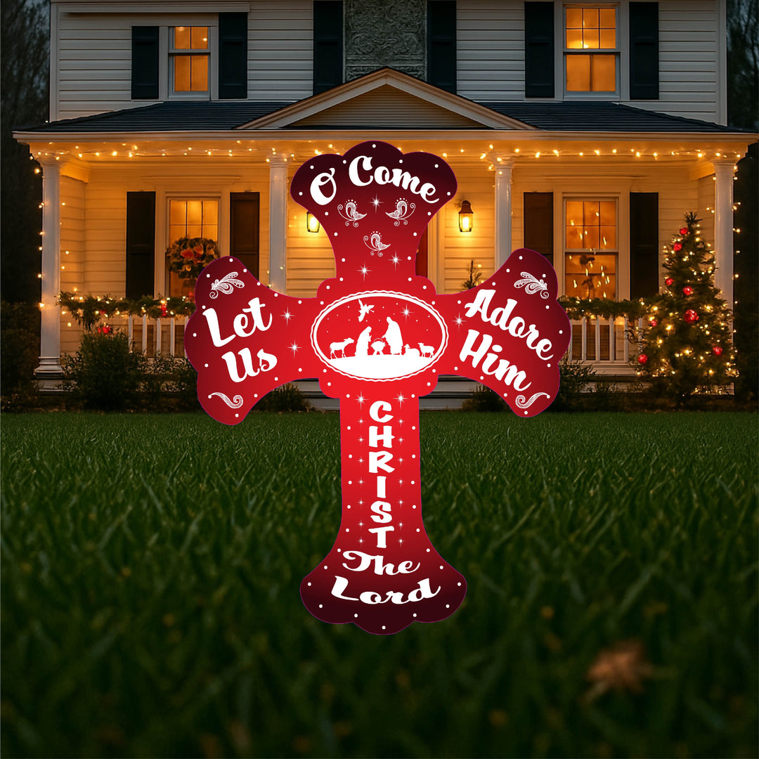 Christmas Yard Art Cross with White Silhouette Glittered Nativity Graphics