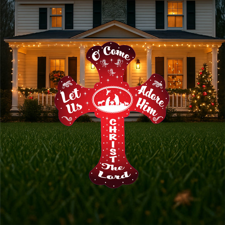 Christmas Yard Art Cross with White Silhouette Glittered Nativity Graphics