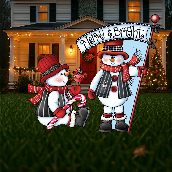 Sitting  Snowman with Merry and Bright Snowman Christmas Yard Art