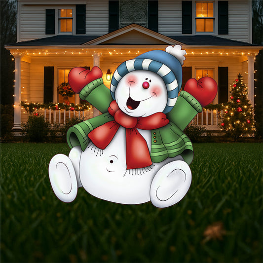 Sitting Snowman Waving Christmas Yard Art